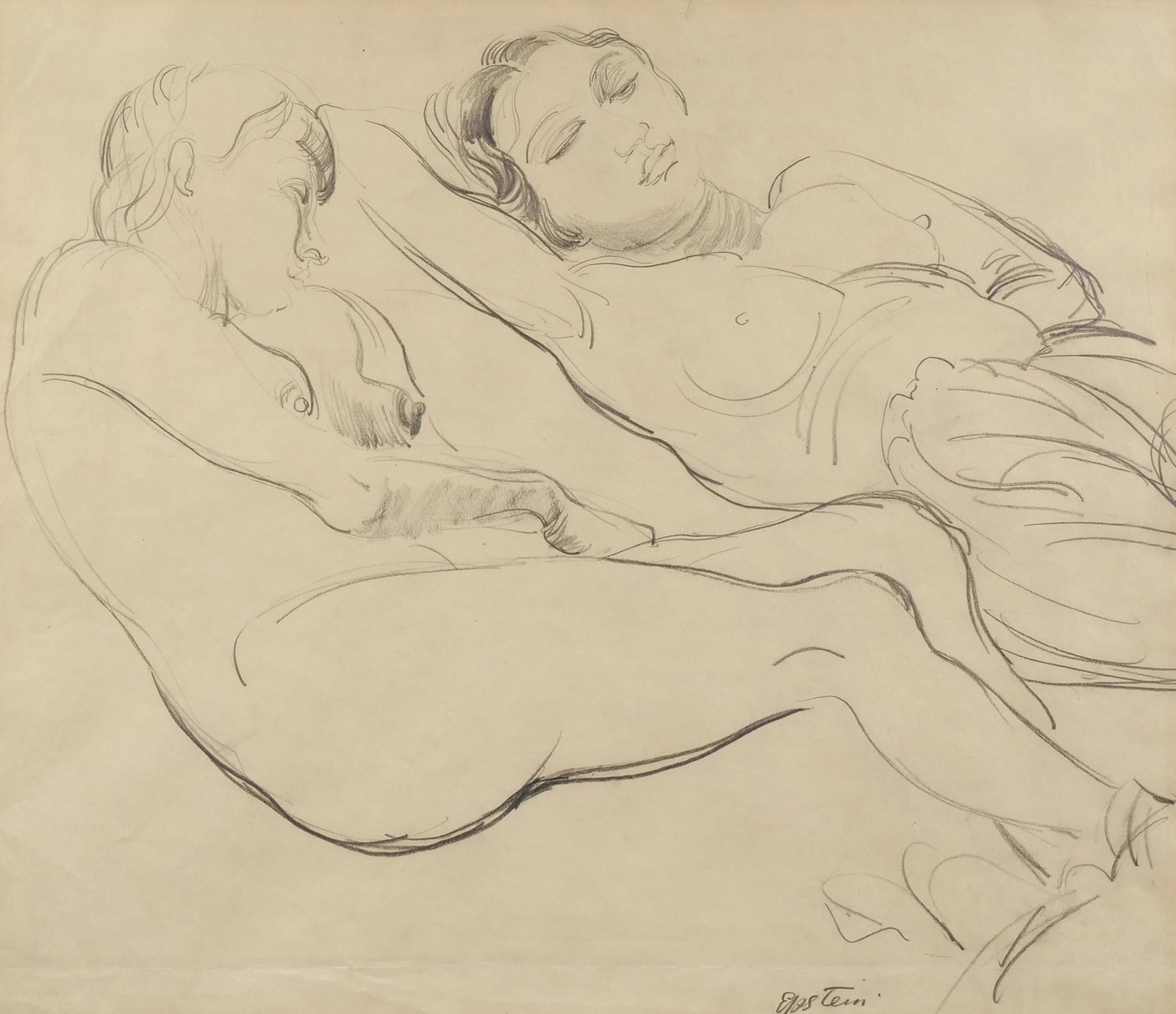 SIR JACOB EPSTEIN, KBE (AMERICAN/BRITISH, 1880-1959) PENCIL DRAWING: untitled Pencil on paper h. 18.5 x w. 21 in., sight Signed lower right; the work is housed in a fluted gilt wood frame with a multi-layered cream mat. - h. 26 x w. 29 in. (frame) Inventory No. 64-100 