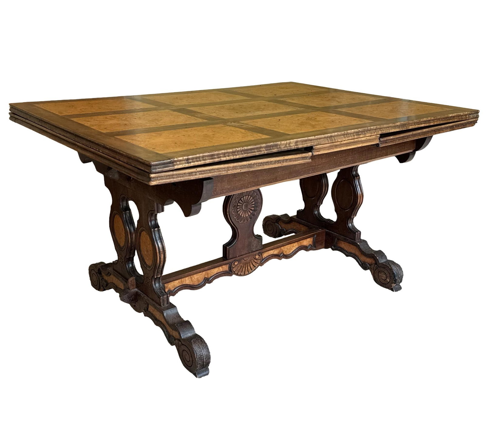 RENAISSANCE REVIVAL STYLE BURL WOOD PARQUETRY TRESTLE DINING TABLE (1 of 19)