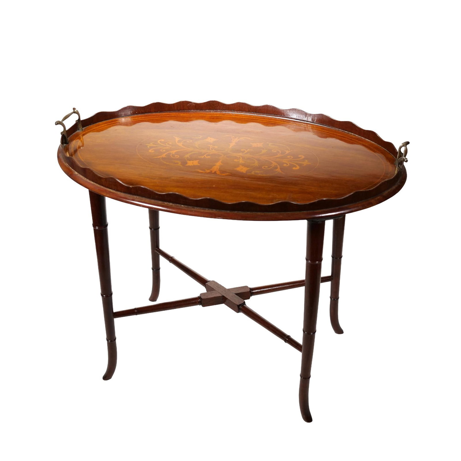 ENGLISH STYLE INLAID MAHOGANY TRAY ON STAND (1 of 11)