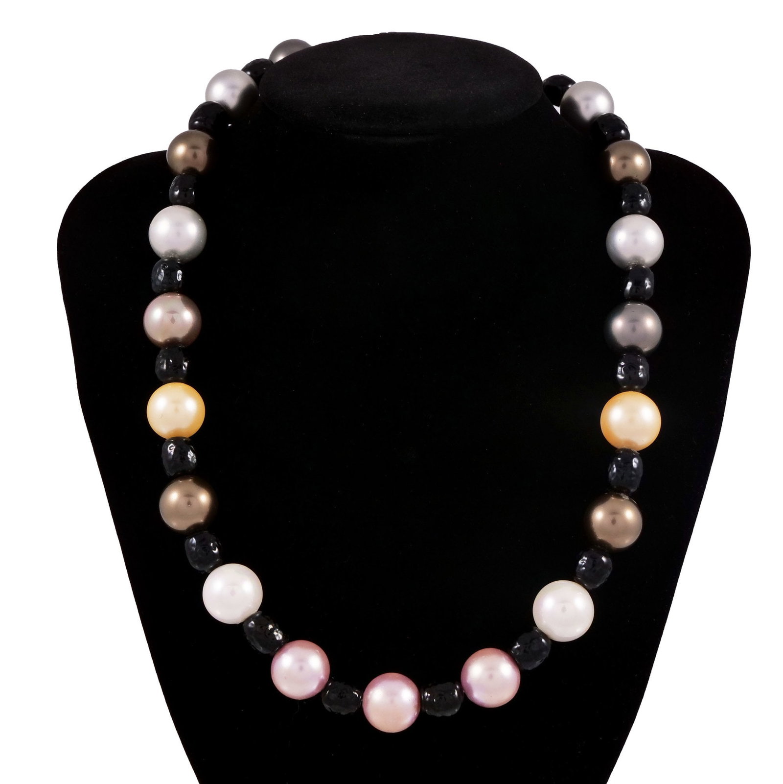 FAUX OVERSIZED PEARL NECKLACE WITH FANCY 14K GOLD & DIAMOND CLASP: With 585 fineness mark to clasp Inventory No. 93-57 Provenance: Items from the estate of a Greenwich, CT lady.
