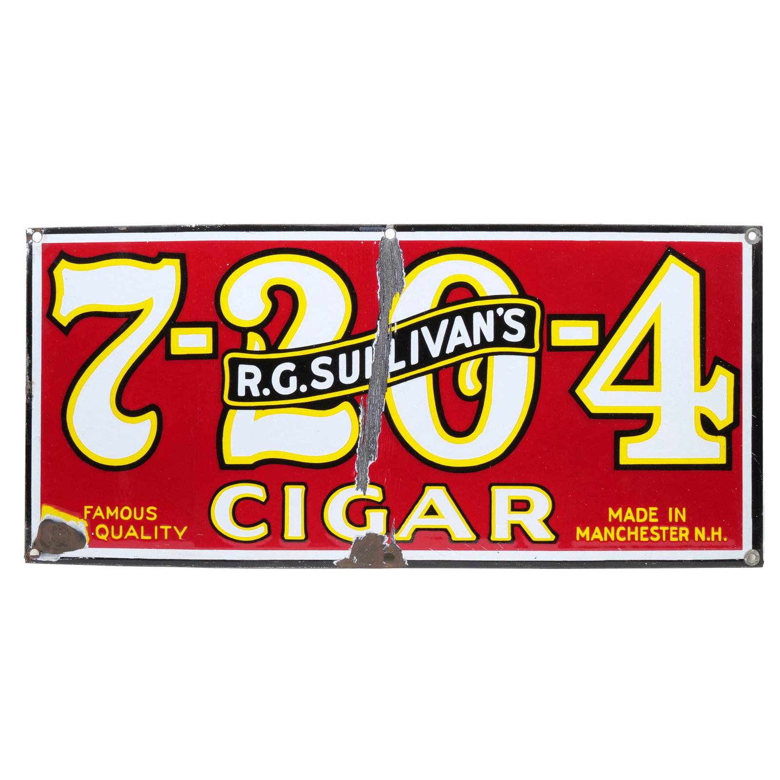 R.G. SULLIVAN | 7-20-4 CIGAR | ENAMEL TRADE SIGN: A four-color porcelain enamel sign for R.G. Sullivan's 7-20-4 Cigar, Factory-Manchester, NH, circa 1930. - h. 10.5 x w. 23 in. Inventory No. 9A-241 Provenance: From a private collector, Westchester, N