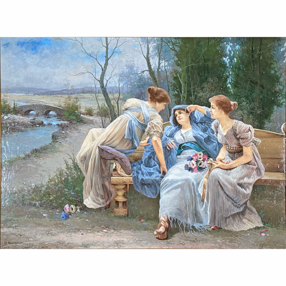DAVID HAWKINS (BRITISH, 20TH/21ST CENTURY) OIL PAINTING: Ladies Seated Beside a River Oil on Canvas h. 35 x w. 47 in., sight Signed lower leftA neoclassical scene presented in an ornate giltwood frame with scrolling foliate and floral molding. - h. 49 x w. 