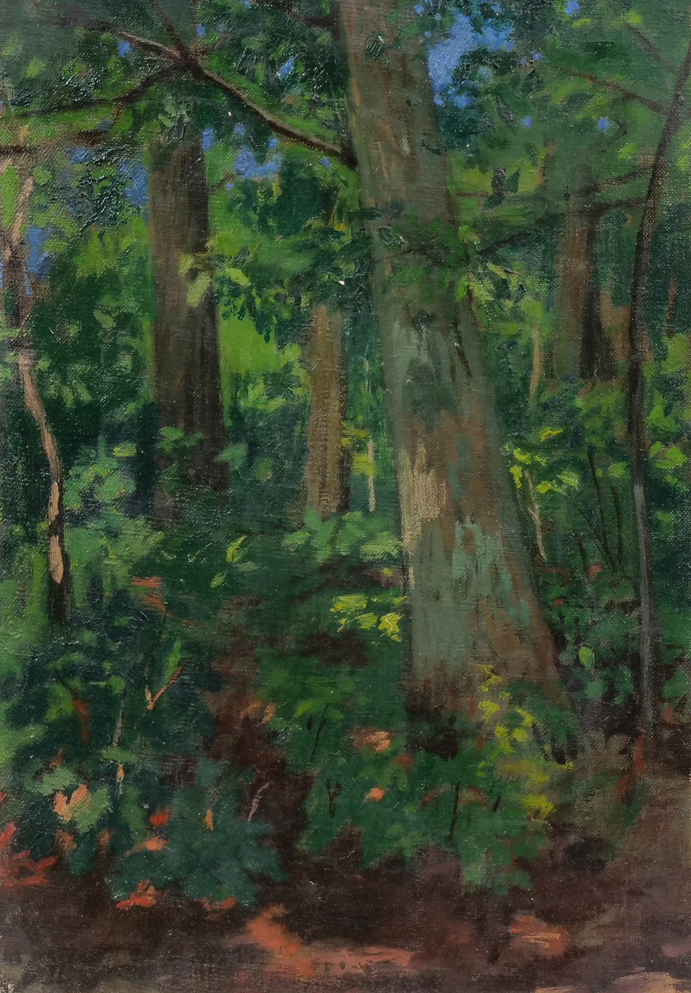 FOREST LANDSCAPE OIL PAINTING: Oil on canvasMay be signed indistinctly lower left14 x 10 in.Depicting an Impressionistic woodland scene - h. 17.5 x w. 13.25 in. (frame) Inventory No. 64-118 Provenance: Property from The Private Col