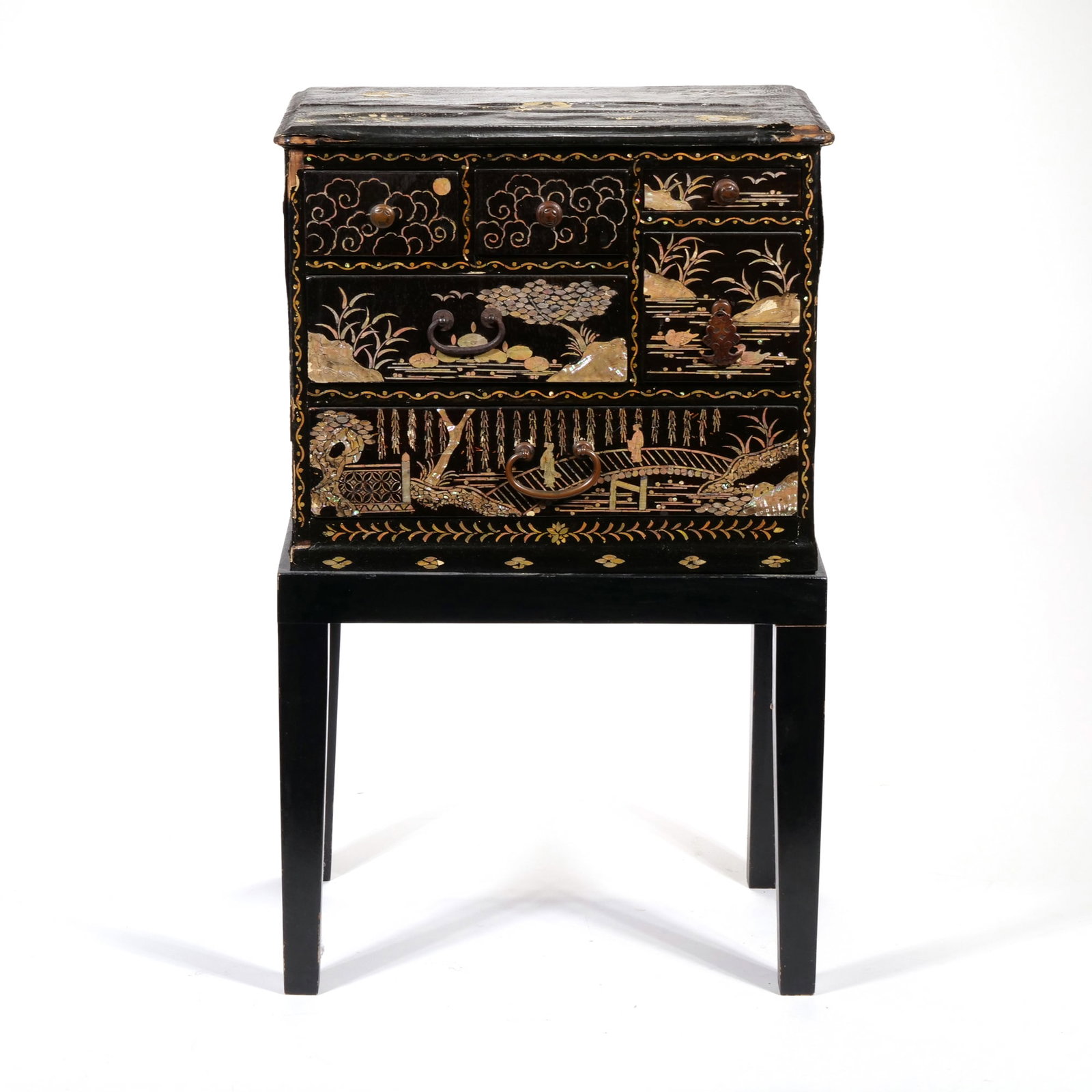 JAPANESE MEIJI PERIOD LACQUERED AND MOTHER-OF-PEARL INLAID JEWELRY BOX ON STAND (1 of 12)
