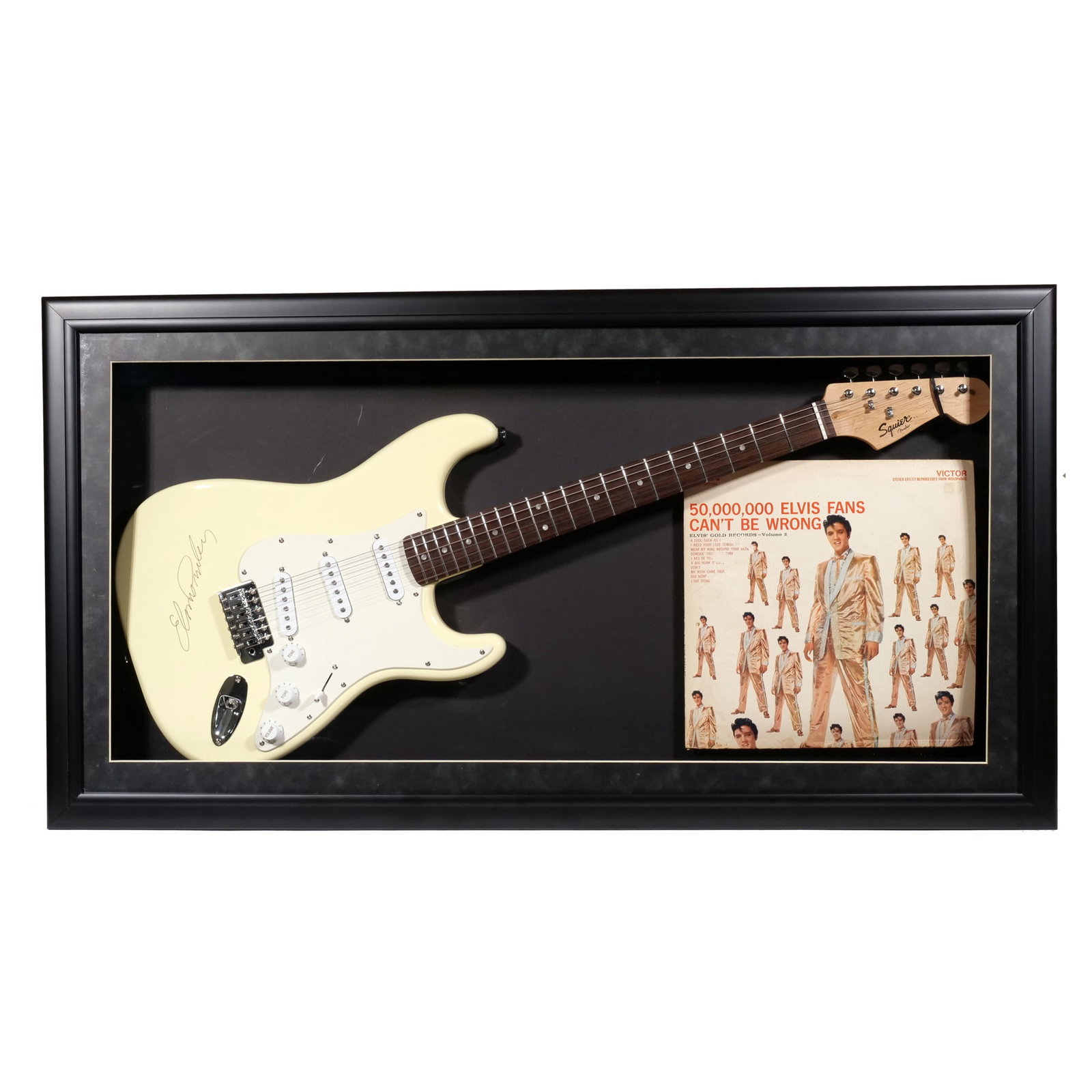 ELVIS PRESLEY SIGNATURE SQUIER BY FENDER ELECTRIC GUITAR AND LP SHADOWBOX (1 of 5)