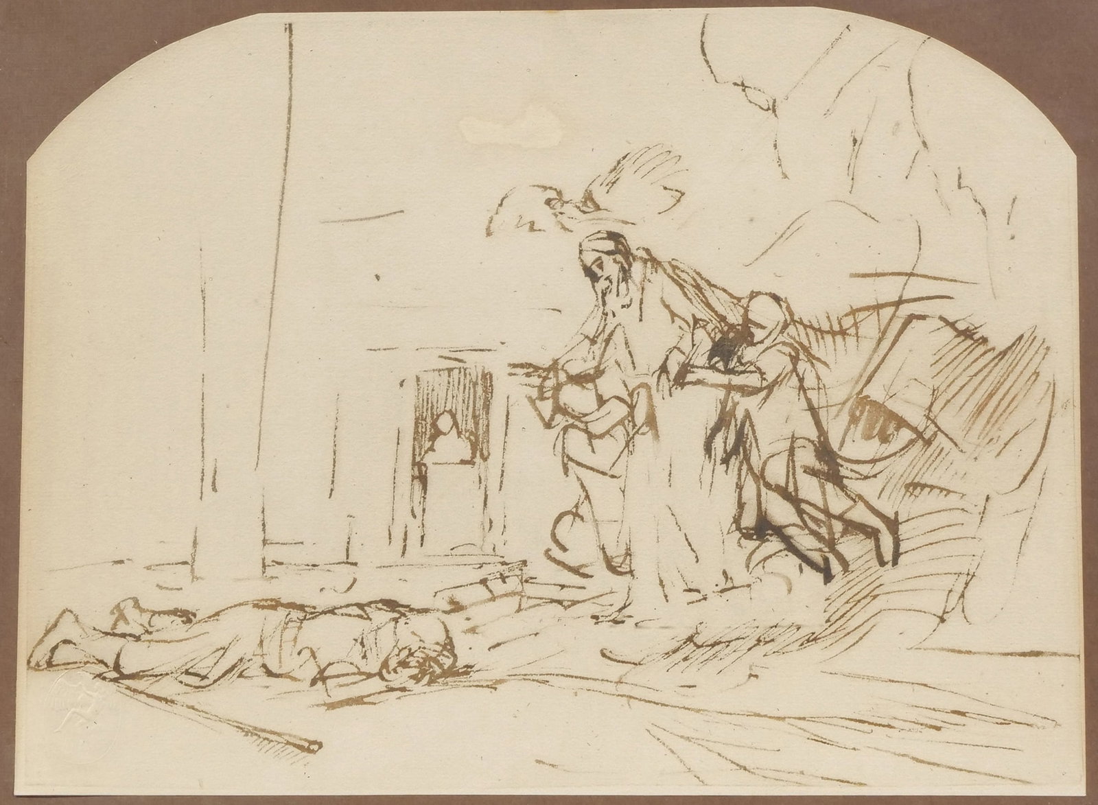 REMBRANDT VAN RIJN (DUTCH, 1606-1669) FACSIMILE ON PAPER: God Making His Covenant with Abraham Facsimile on paper h. 7.5 x w. 10.5 in., sight Features a sepia-toned linear composition with a blind stamped seal in the lower left corner. The work is presented