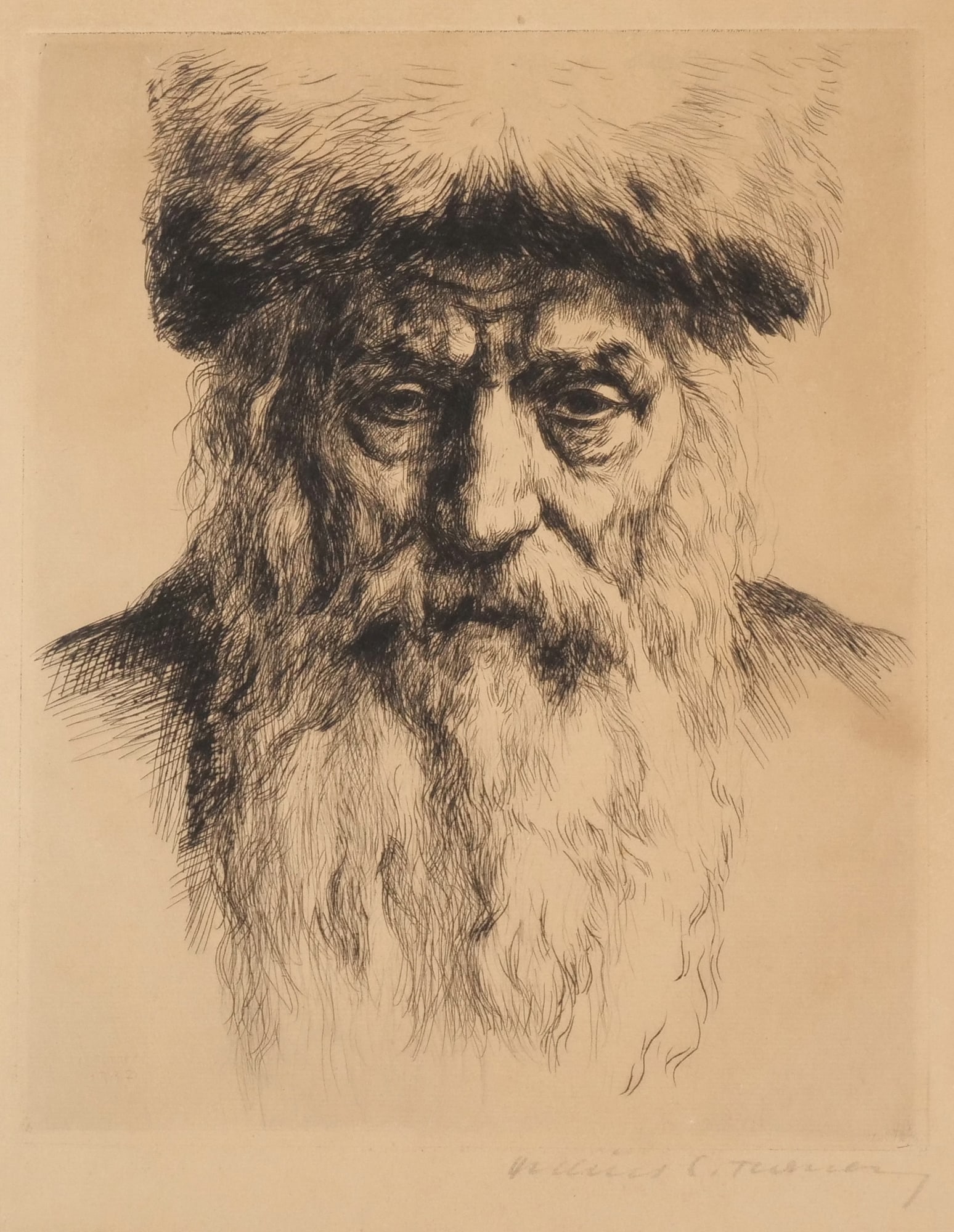 WILLIAM CHARLES MCNULTY (AMERICAN, 1884-1963) ETCHING, PORTRAIT OF A RABBI: A Rabbi Etching on paper h. 10 x w. 8.5 in., sight Signed in pencil lower right, titled "A Rabbi" lower margin, and numbered 81, showing a detailed portrait of a man with a full beard wearing a