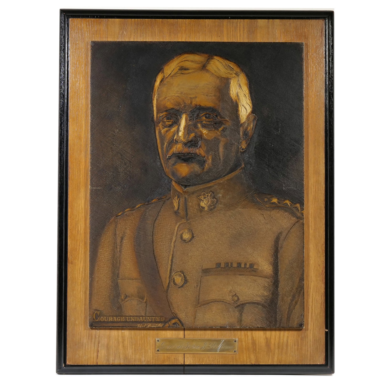 ORIGINAL PLATE ENGRAVING OF GENERAL JOHN J. PERSHING "COURAGE UNDAUNTED": Depicting Missouri born John G. Pershing (1860-1948), copper (or other metal) engraving, titled 'Courage Undaunted' lower left, and with impressed signature below, with identifying plaque at center
