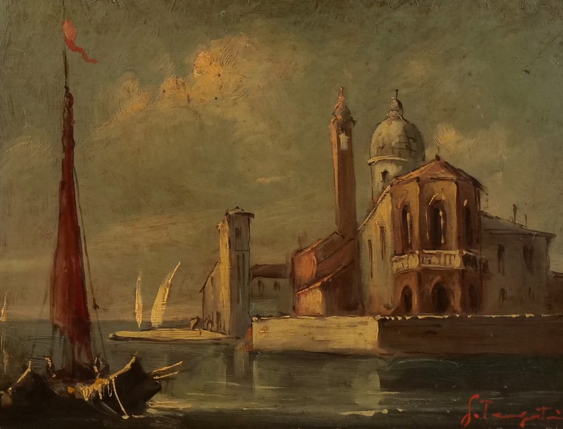 VENETIAN SCHOOL (20TH CENTURY) OIL ON BOARD: Venetian lagoon with boats Oil on board h. 8 x 10 in., board Signed lower right in red, S. Targat (?), and housed in an ornate carved and gilt wood frame - h. 14.5 x w. 17 in. (frame) Inventory No. 86