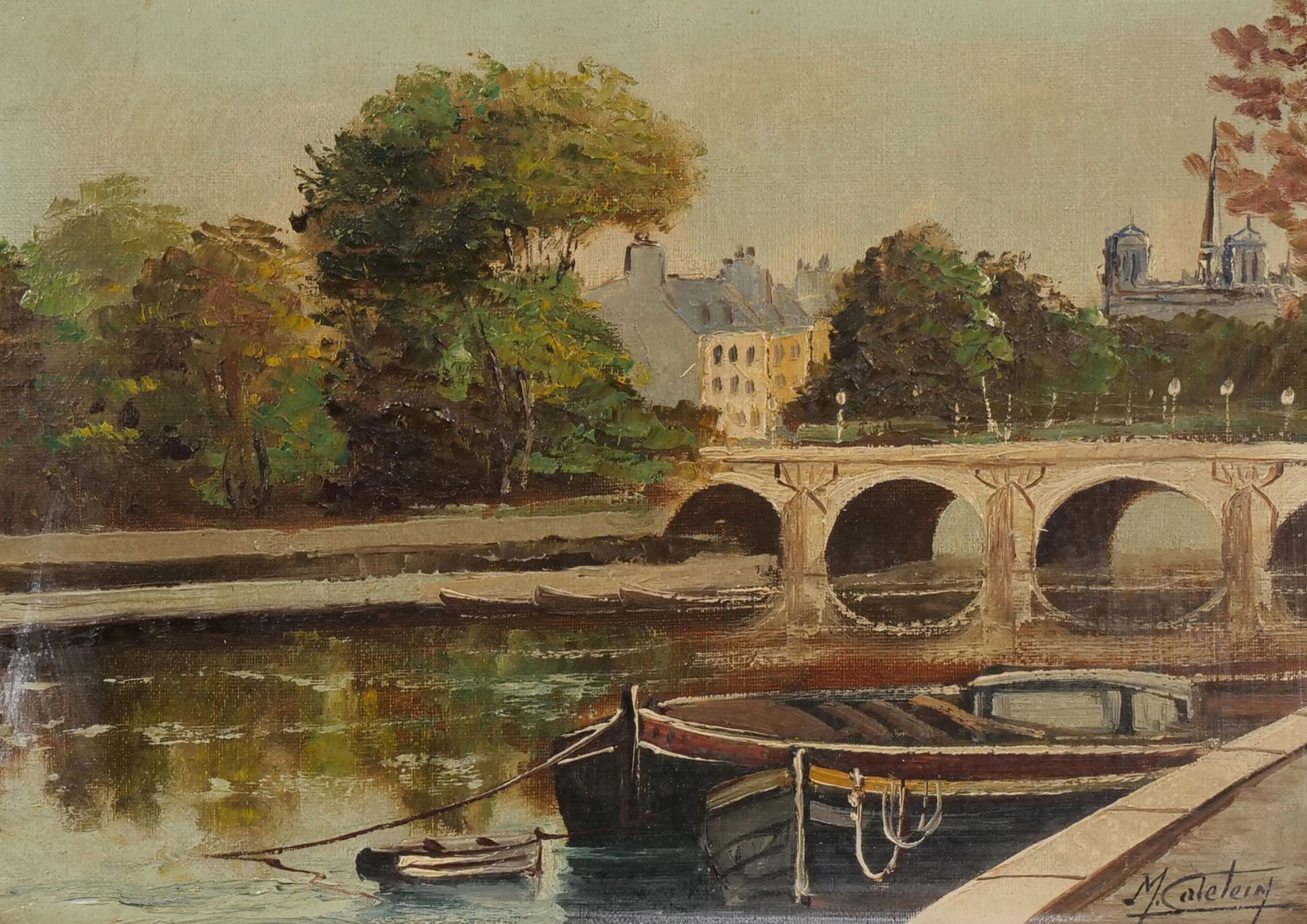 MARCEL CATELEIN (FRENCH, 1892-1979) OIL ON CANVAS: Seine River Scene with Notre-Dame Oil on Canvas h. 9.5 x w. 13 in., stretcher Signed lower right. The composition depicts two moored barges in the foreground with a multi-arched stone bridge spanning