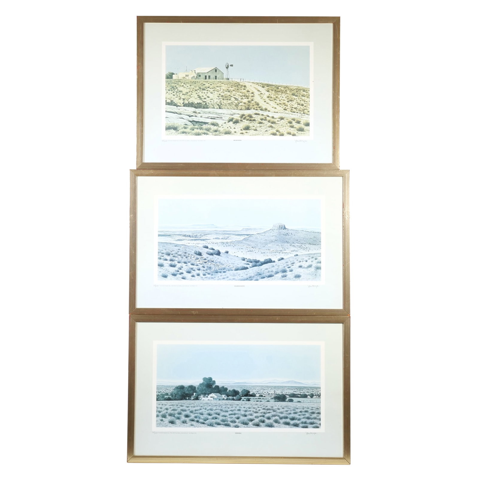 (3pc) JOHN MEYER (SOUTH AFRICAN, B. 1942) LITHOGRAPHS: Karooveld, Nieu-Bethesda, and Wildenboschkoppie Three lithographs on paper Each signed in pencil lower right, numbered 23/200 lower left, and published by Pieter Wenning Gallery in 1975. The set is