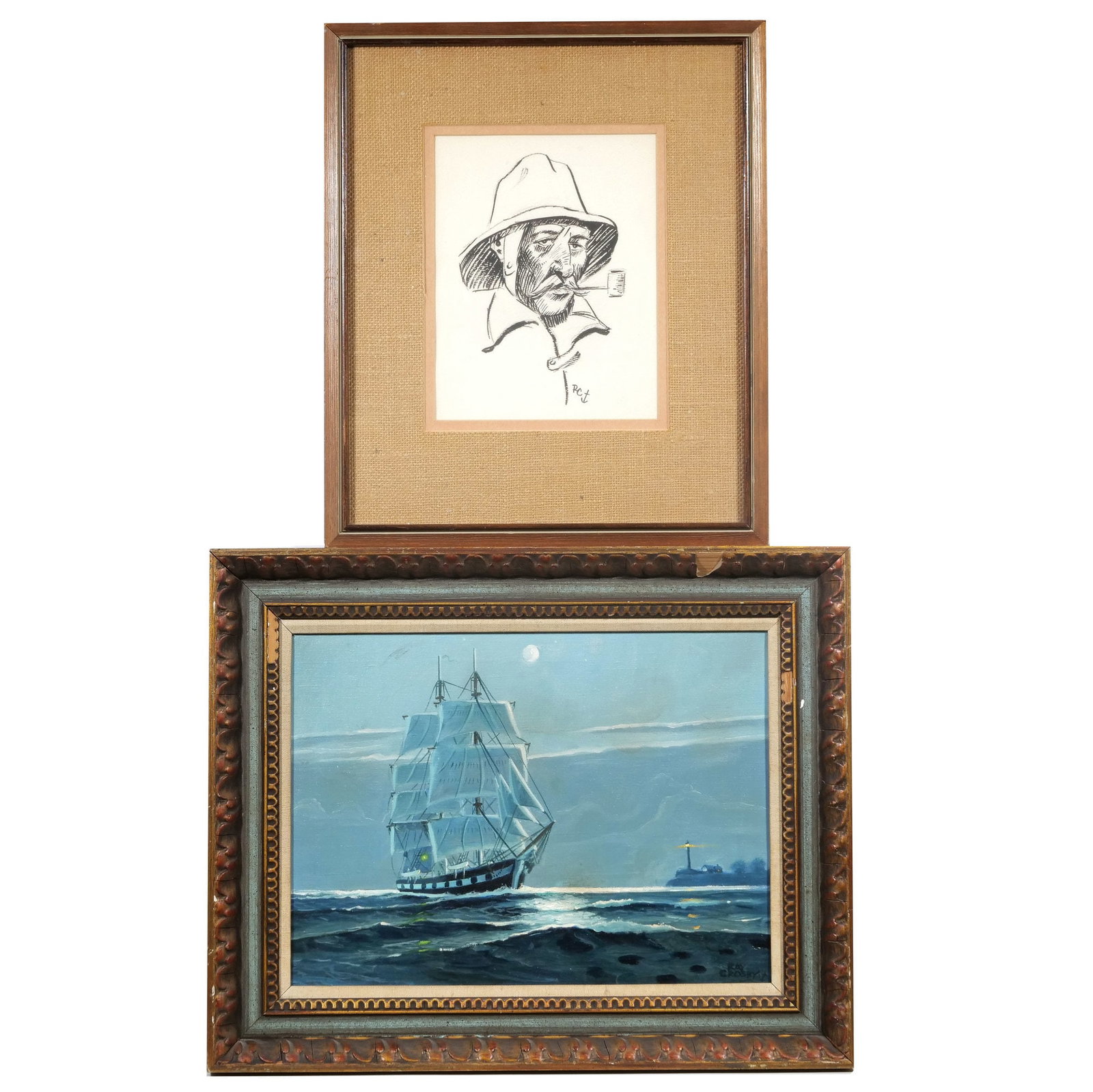 (2pc) RAY CROSBY (AMERICAN, 20TH CENTURY): Including a painting of a two-masted sailboat on night waters (h. 12 x 16 in., stretcher) plus a charcoal/pencil sketch of a sailor on paper (h. 9 x 7 in., sight) - h. 16 x w. 20 in. (largest frame)