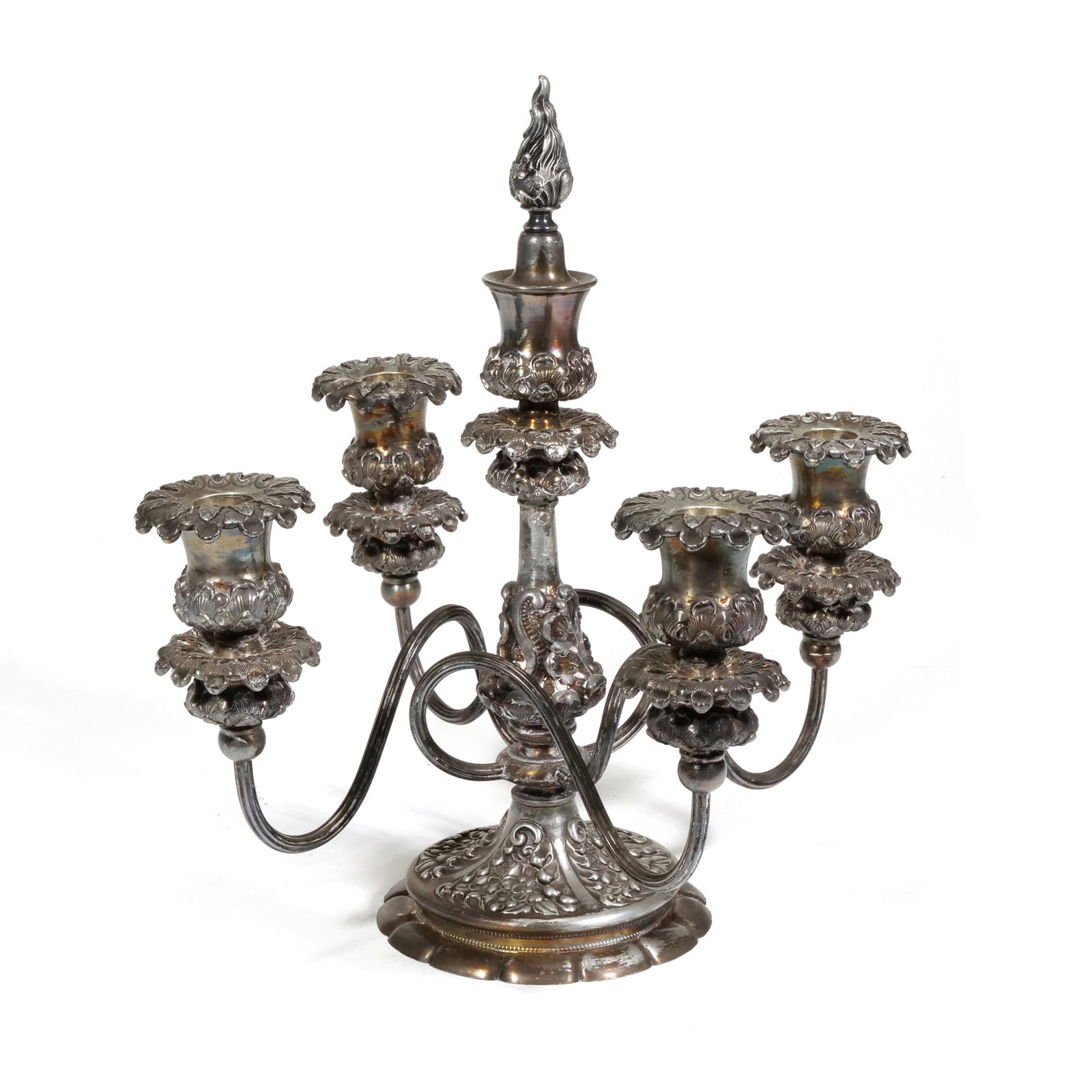 WILCOX SILVER PLATE CO. FIVE-LIGHT QUADRUPLE PLATED CANDELABRA WITH SNUFFER: The five-light candelabra is constructed of quadruple silver plate and features a central column with four scrolling arms. The piece is decorated with repouss? floral and foliate patterns throughout