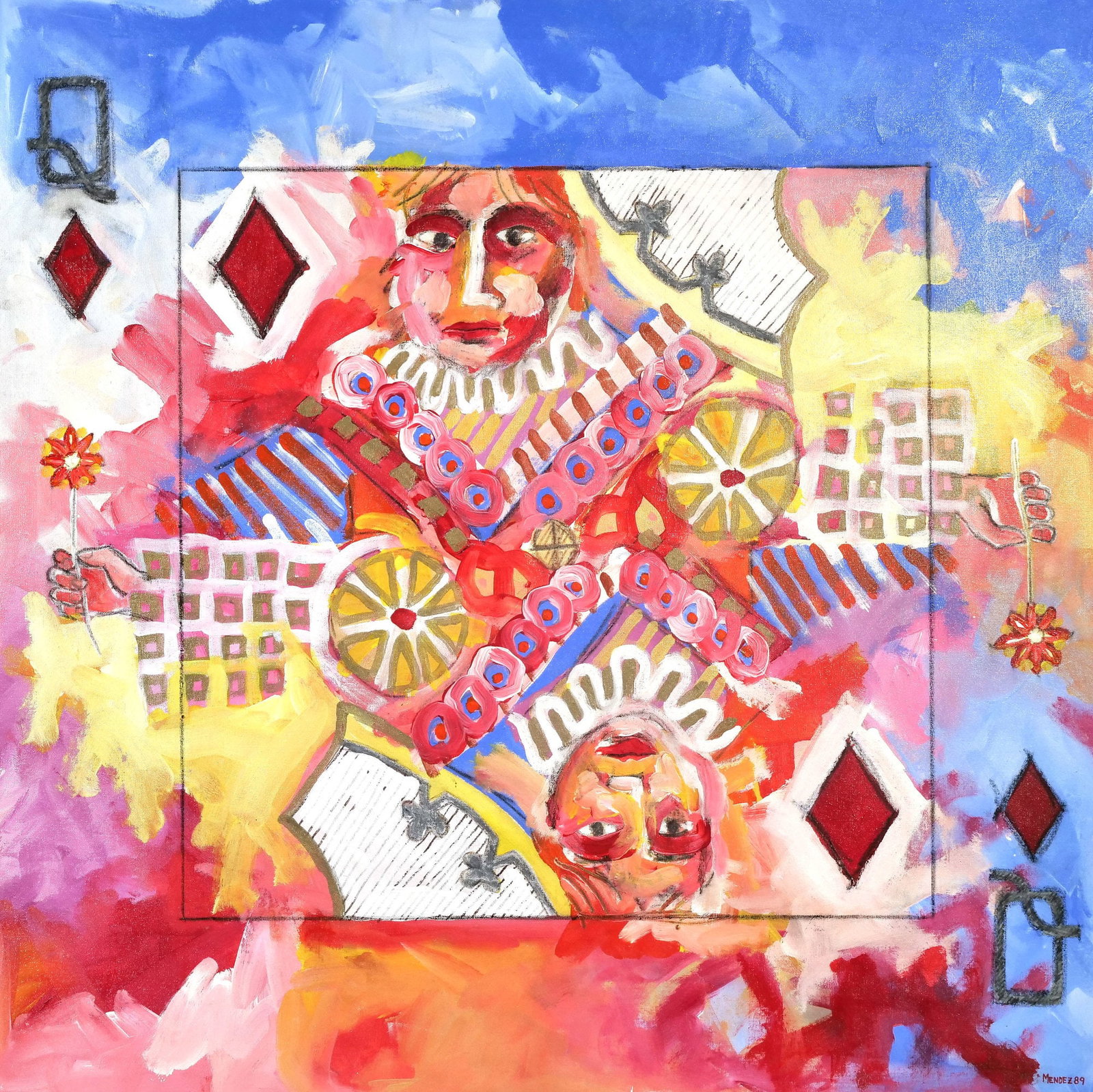 JUAN MENDEZ (20TH CENTURY) ACRYLIC PAINTING, QUEEN OF DIAMONDS: Reina (Queen of Diamonds) h. 46.5 x 46.5 in. (stretcher) Acrilico (acrylic on canvas) Signed and dated lower right "Mendez, 89? With inscribed note attached on verso from framer h. 49 x w. 49 in. (fra