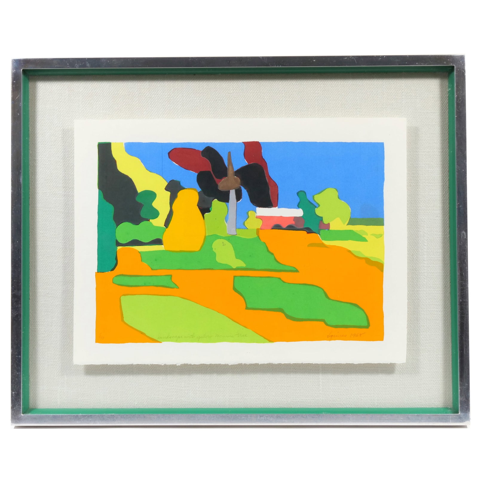 MID CENTURY SILKSCREEN PRINT SIGNED 'SQUIRES': Landscape with yellow Momma Tree Silkscreen on paper 9 x 13 in. (sight); h. 17 x w. 21 in. (frame) Signed and dated 'Squires 1968' lower right, titled in pencil lower center, and numbered '5/10' lower