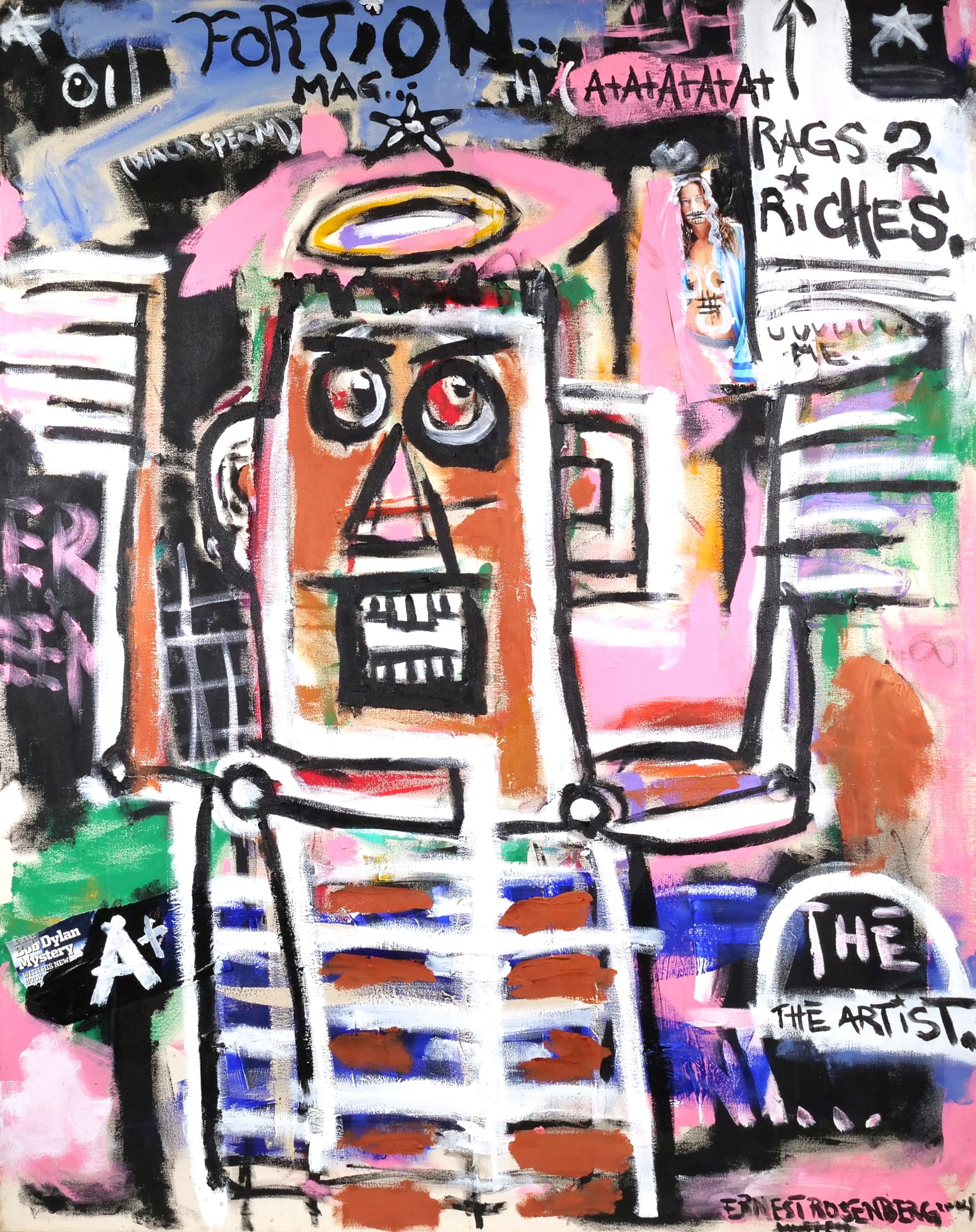 ERNEST ROSENBERG (AMERICAN, 21ST CENTURY) MIXED MEDIA ON CANVAS: untitled Mixed media on canvas h. 60 x w. 48 in. Signed and dated 2014 lower right. The painting depicts a stylized figure with a halo, featuring expressive brushwork and integrated text such as "RAGS