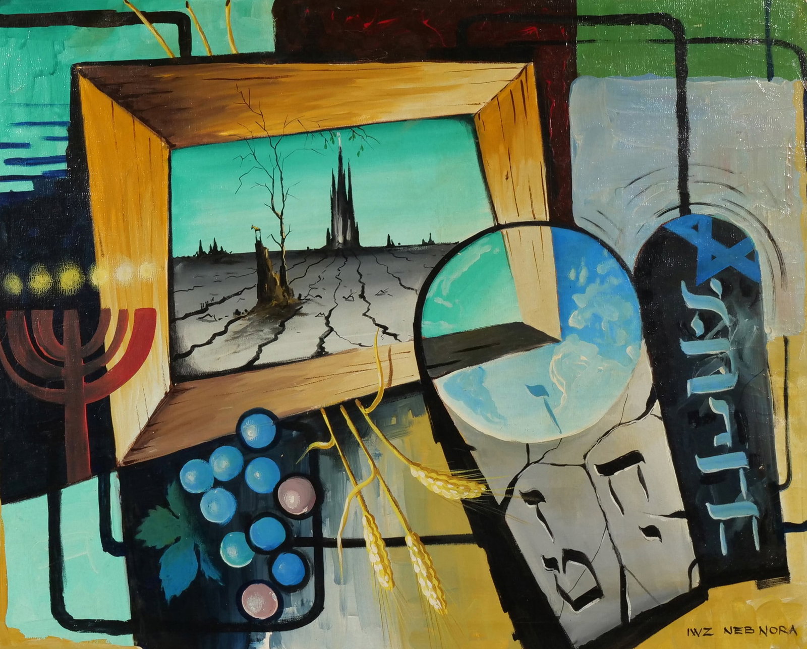 IWZ NEB NORA (ISRAELI) OIL ON CANVAS: untitled Oil on Canvas h. 29.5 x w. 23.5 in., sight Signed lower right. This surrealist composition incorporates Jewish iconography including a menorah, wheat stalks, and a cluster of grapes. A centra