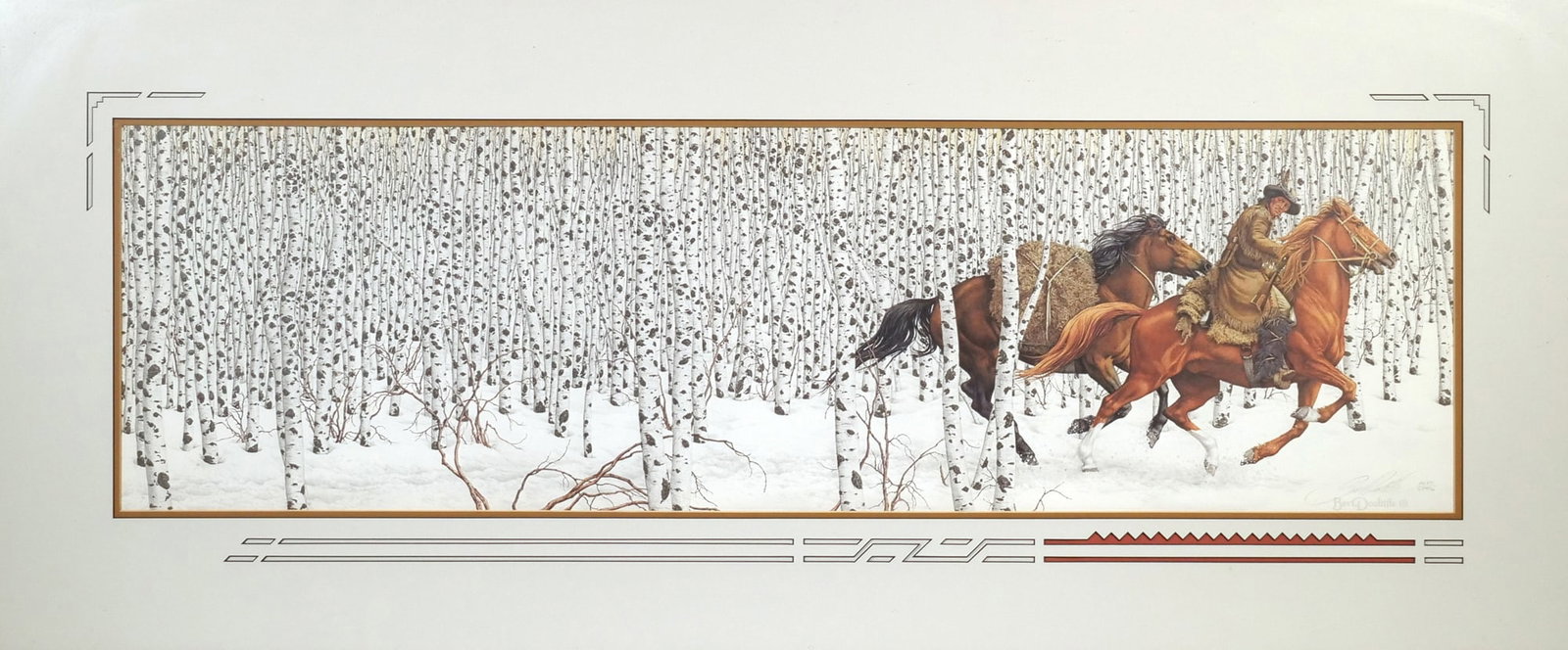 BEV DOOLITTLE (AMERICAN, B. 1947), 'SACRED GROUND' COLOR LITHOGRAPH: Sacred Ground Limited edition color lithograph Pencil signed and numbered 50371/69996 lower right, and with with artist's copyright lower right Depicting a mountain man and horses riding through a for