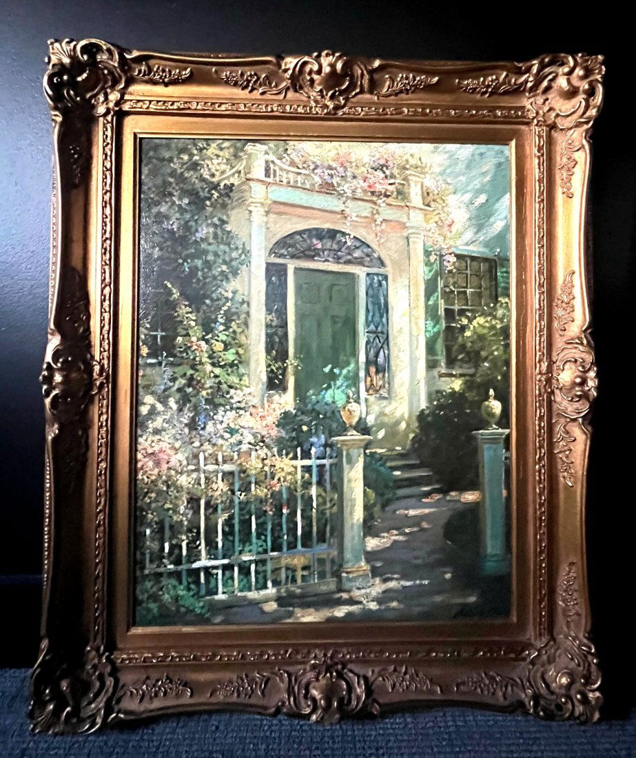 Reproduction Of "Portsmouth Doorway" By Abbott Fuller Graves.: This artwork by Abbott Fuller Graves, titled Portsmouth Doorway, shows the details of an ornate doorway adorned with tons of flowers. Almost every crevice of this entrance is planted with flowers and