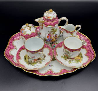 Meissen Hand Decorated Tea Set: Meissen hand-decoratedtea set, to include: tray, teapot, sugar, creamer, two cups, two saucers, Tray 141/4" x 10 3/4". Provenance: Clinton, Connecticut estate.