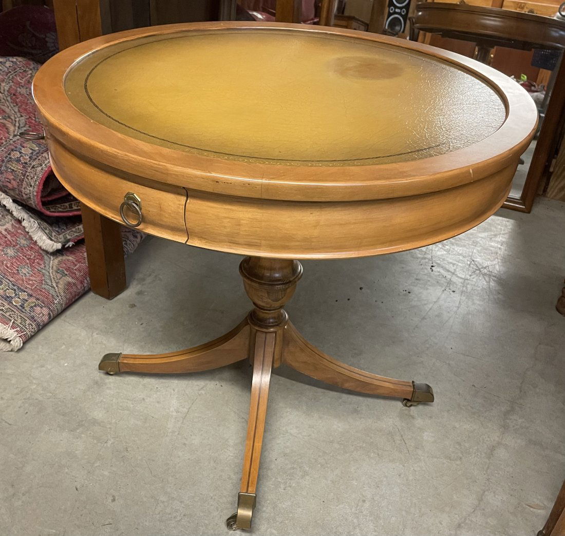 Vintage Duncan Phyfe Style Table: Vintage Duncan Phyfe style round table, has drawer with maker signature of Mersman in drawer, inlaid top with round slight water mark on left top otherwise great condition, triple leg 27" x 30"