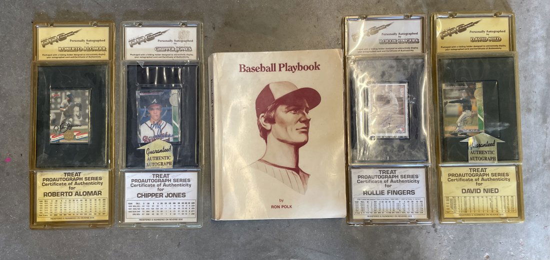 5 Piece Lot Baseball Memorabilia: 5 piece lot of baseball cards with certificates of authentication and baseball playbook by Ron Polk famous NCAA baseball coach.