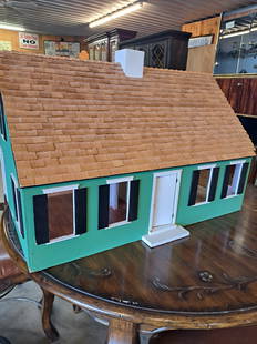 Handmade Doll House: Handmade cedar shake custom child's dollhouse. Has stairs, railing, rooms, & wallpaper inside, green with blue shutters, 20"T x 32"W x 21"D