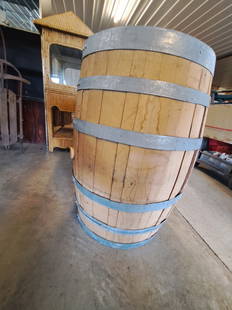 Whiskey Barrell: Wooden whiskey barrel with metal bands & natural wood, has stopper, World Cooperage branded, 36"T x 22"R