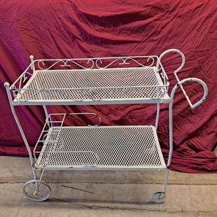 Vintage Metal Tea Cart: Vintage white metal 2 tier tea cart on rollers, & scroll work gallery, 33"T x 33"W x 18"D