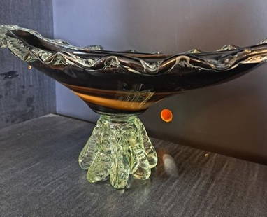 Italian Art Glass Bowl: Italian art glass center bowl, very eclectic & unique on clear glass stand, 18"T x 24"W x 9.5"D