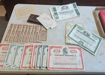 26 Piece Deal Stock Certificates: 26 piece deal of vintage stock certificates from Coca-Cola, Bellsouth, & railroad & other companies, great decorator items when framed