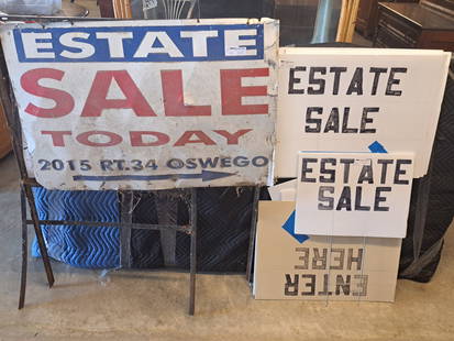 11 Piece Plus Lot Signs: 11 piece plus lot of vintage metal and cork board contemporary auction and estate sale signs, most have metal stands, double sided, great for auction or tag sale business, sold as one lot