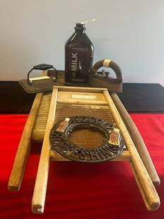 6 Piece Antique & Vintage Kitchen Items: 6 piece lot of antique and vintage kitchen items, 1 lodge 1896 USA bacon press, round cast iron Coca-Cola trivet, 2 washboards, small and large has antique metal top old Victorian clothes iron and vin