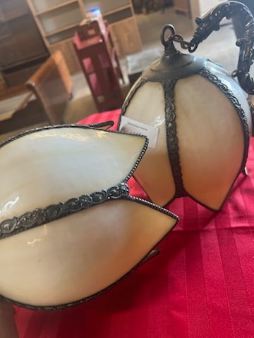Pair of Slag Glass Lamps: Pair of slag glass hanging lamps with white shades, painted ends and ornate accents, 16"T x 8"W
