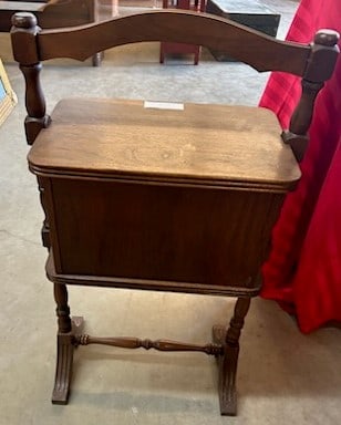 Wooden Victorian Style Sewing Box: Wooden Victorian style sewing/storage box, Duncan Phyfe style feet, with handle, one door, lined with red, tin lined interior, 34"T x 17"W x 10"D