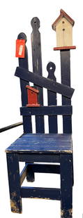 Primitive Blue Garden Bench: Primitive Blue Garden Bench with Bird House Accents. 83 inches tall, 19 inches wide, 17.5 inches deep.