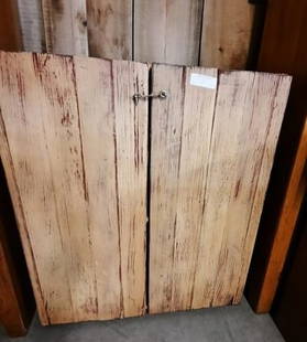 Primitive 2 Door Hanging Cabinet: Primitive 2 door hanging cabinet. 3 wood shelves. Shiplap doors. Circa 1900. 34 inches tall, 28 inches wide, 13 inches deep.