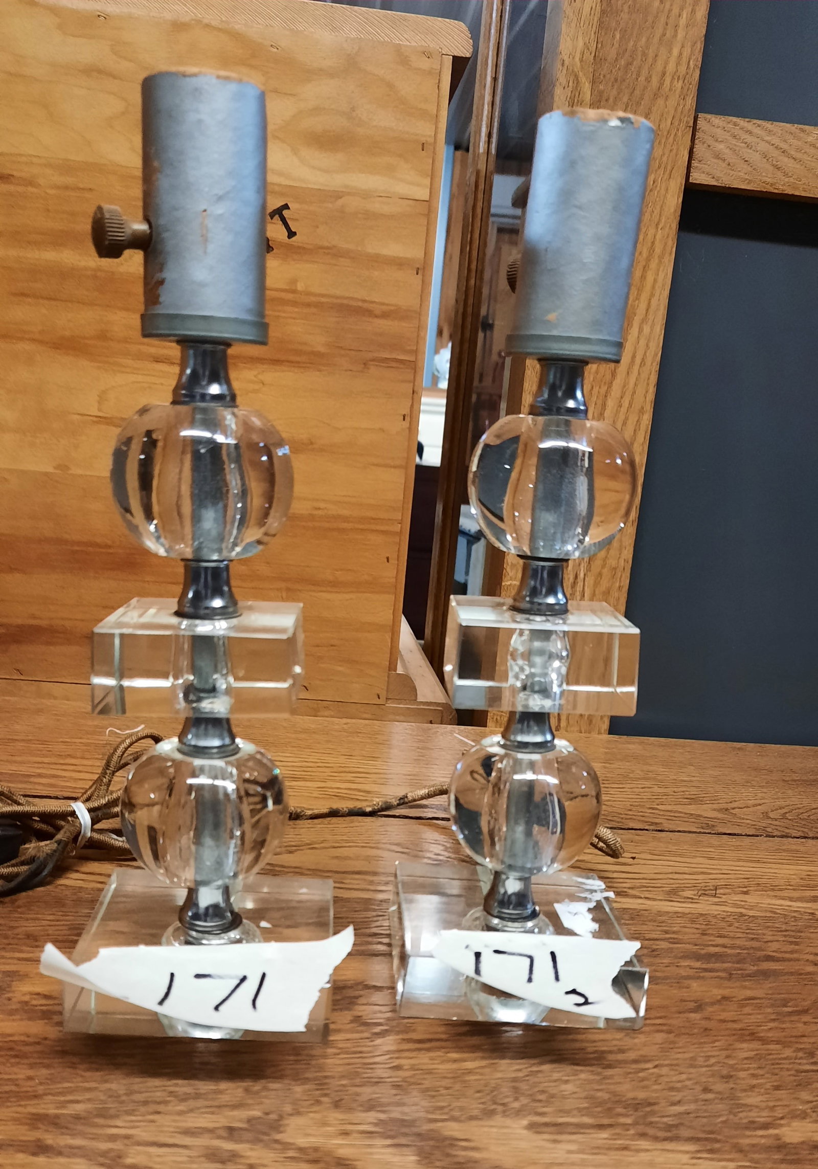 Matching Pair of Vintage Glass Lamps: Mid-century modern nightstand lamps. 10 inches tall. As pictured no shades, original wiring.