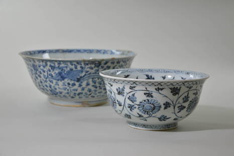 Two Blue and White Porcelain Bowls: Ming dynasty, Large bowl, D: 11 inches, Small bowl: 8 1/4 inches