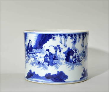 Blue and White Porcelain Brush Pot: Ming dynasty, D: 9 IN