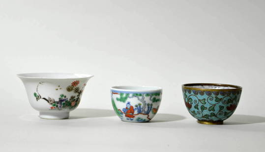 Three Chinese Tea Cups: Large cup: Kangxi, 3 1/2 inches. Small cups: Ming dynasty. One porcelain, one cloisonne.