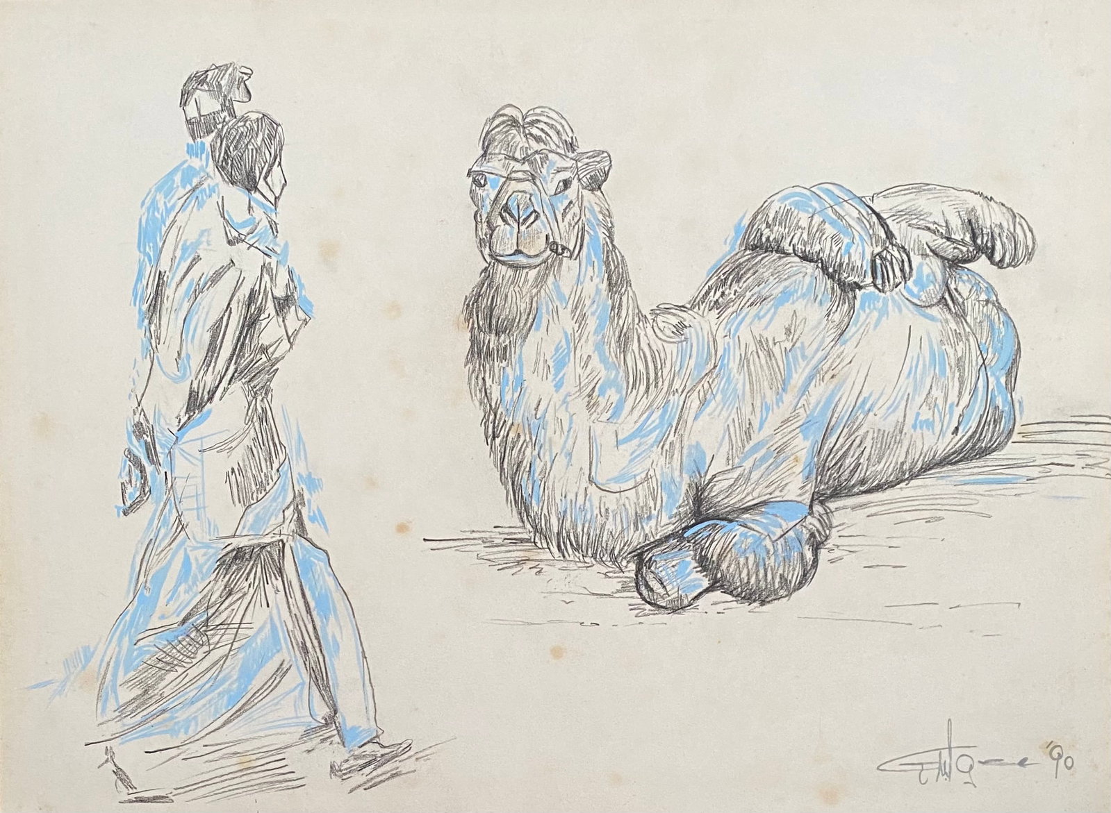 Ismail Gulgee (Charcoal and Pastel on paper) Style Of: This lot consists of a hand painted Charcoal and Pastel on paper in the style of the painter Ismail Gulgee. Ismail Gulgee was a Pakistani painter. He began painting portraits, his most important works