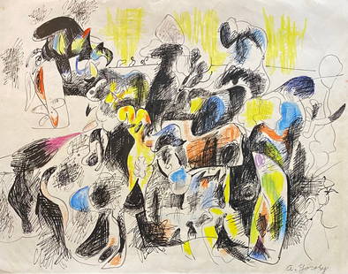 ARSHILE GORKY - Composition - Mixed media on paper (Style Of): This lot consists of a hand painted Composition - Mixed media on paper in the style of the painter ARSHILE GORKY.American painter of Armenian origin.He was born on April 15, 1904 in Khorkom, Armenia.I