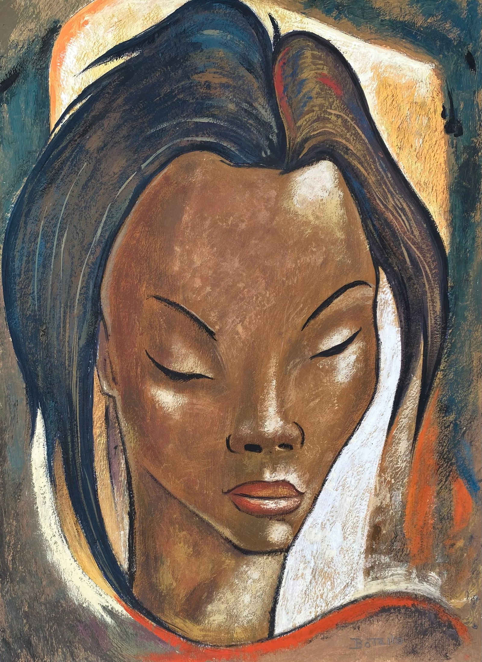 Angel Botello Portrait of a Woman (Style Of): This lot consists of a hand painted Portrait on paper in the style of the painter Angel Botello.?ngel Botello, full name ?ngel Botello y Barros, was a Spanish-Puerto Rican painter, sculptor and graphi