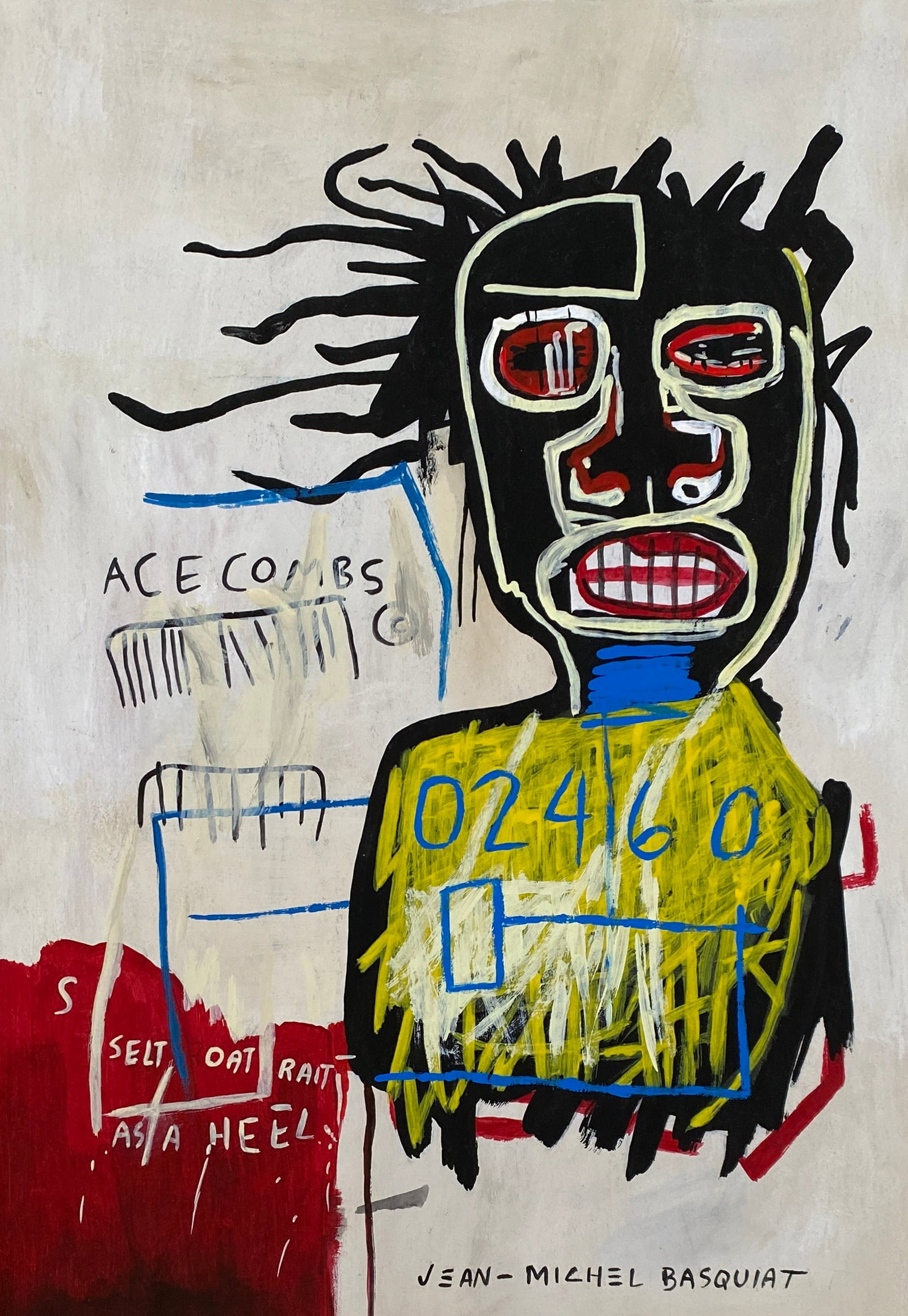Jean Michel Basquiat American 1960 - 1988 Mixed Media on Paper Painting Haring Pop Art Style Of: This lot consists of a hand painted Mixed Media on paper in the style of the painter Jean-Michel Basquiat.Jean-Michel Basquiat, also known as SAMO, was an American artist of Haitian and Puerto Rican d