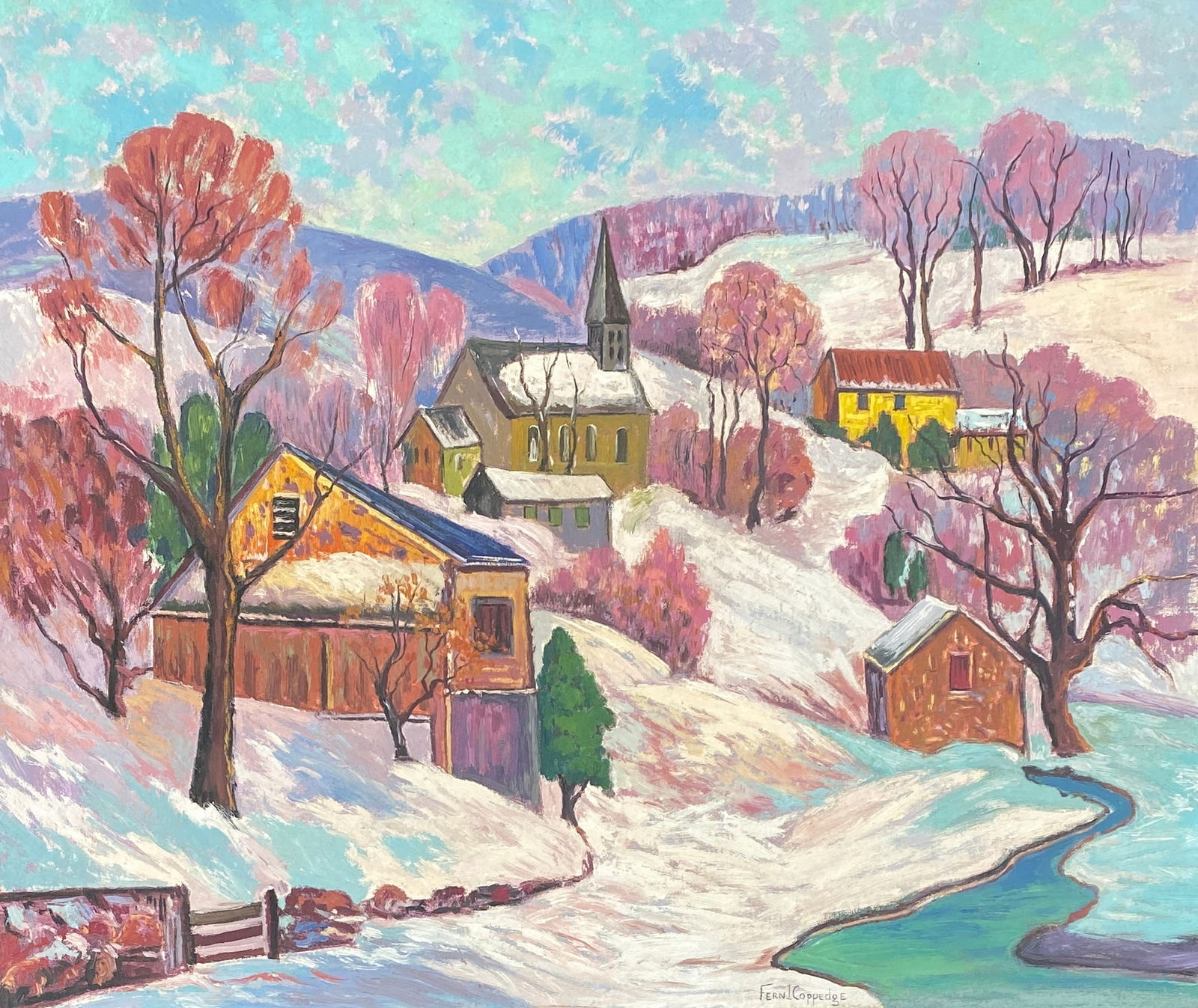 Fern Isabel Coppedge (1883-1951) OIL ON CANVAS (Style Of): This lot consists of a hand painted Oil on Canvas in the style of the painter Fern Isabel Coppedge.Born in the small town of Cerro Gordo near Decatur, Illinois, to John L. Kuns and Maria Dilling Kuns,