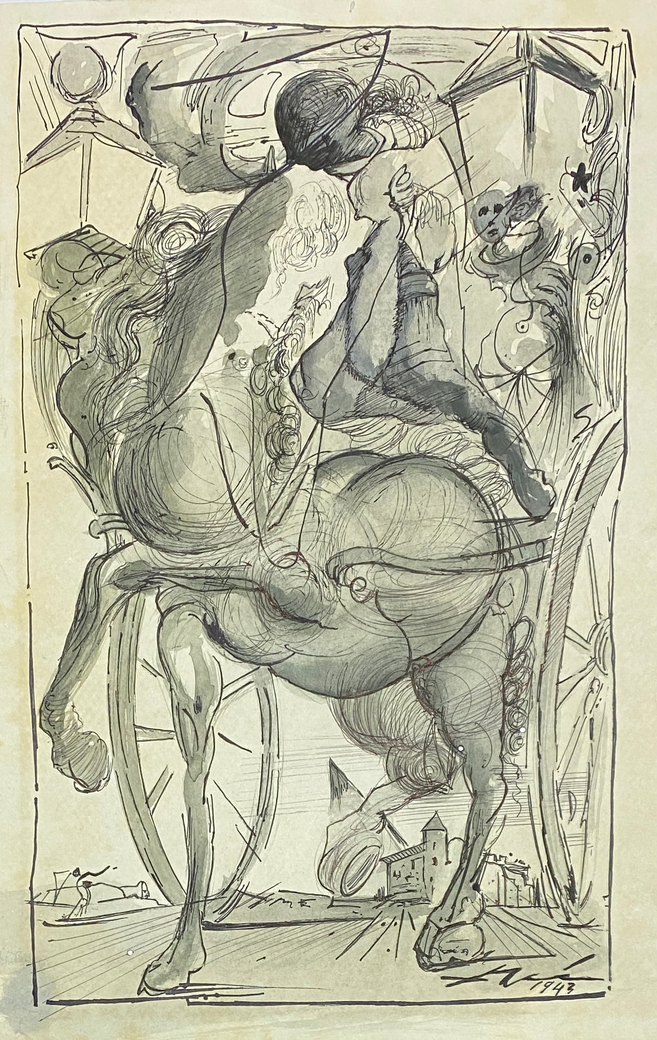 Salvador Dali Pencil Drawing on Paper (Style Of): This lot consists of a hand painted Ink on paper in the style of the painter Salvador Dalí.Salvador Domingo Felipe Jacinto Dalí i Domènech, Marquis of Dalí of Púbol was a Spanish painter, sculpto