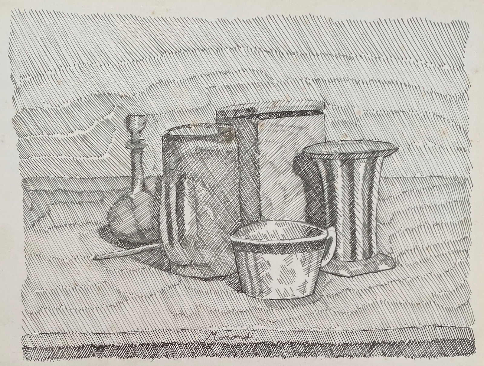 Giorgio Morandi (Italian, 1890-1964) Style Of: This lot consists of a hand painted ink on paper in the style of the painter Giorgio Morandi.He was born into a family in which he shared space with seven other siblings. In 1907, after a brief period