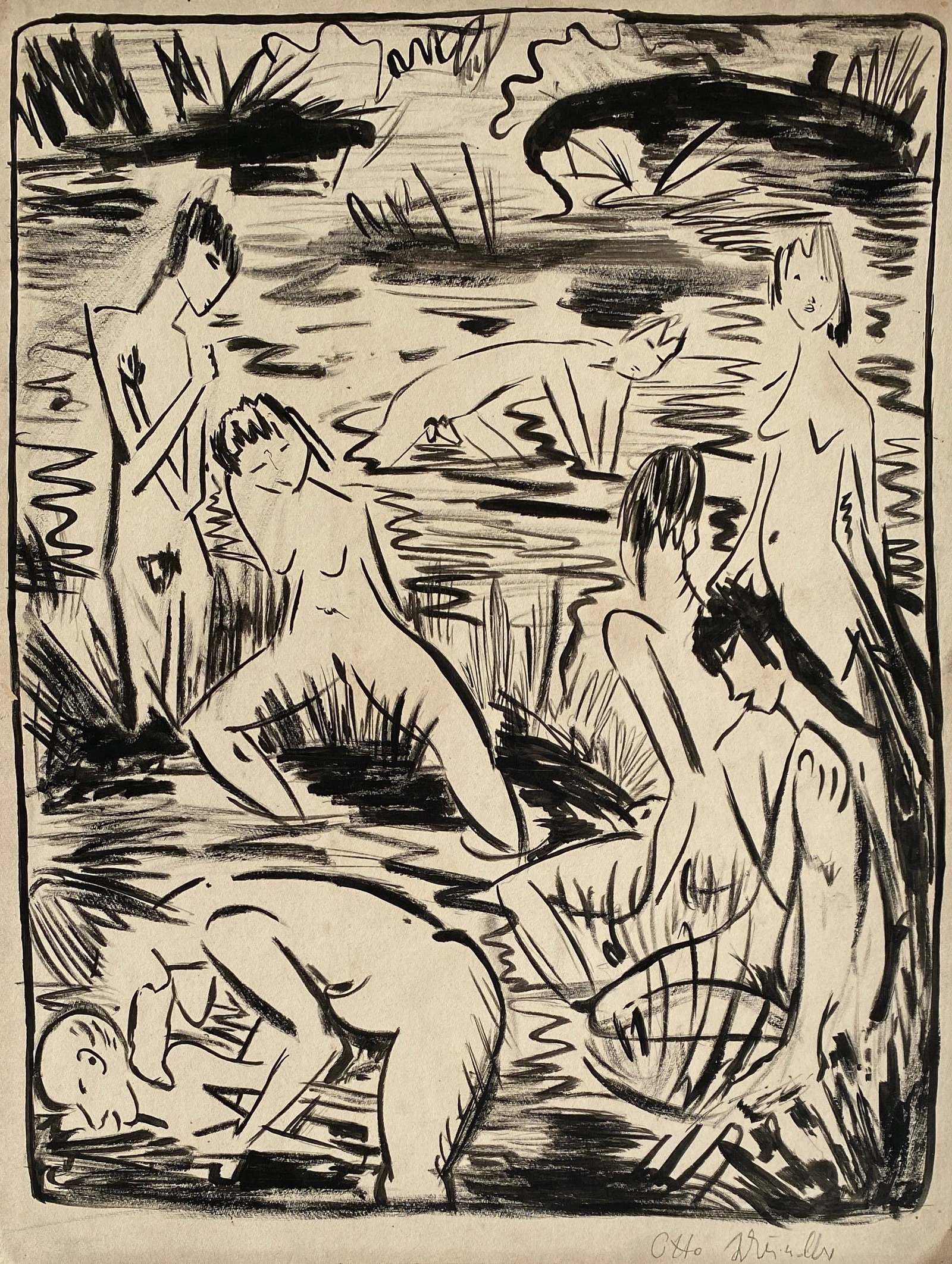 Otto Muller (German, 1974 - 1930) style of: This lot consists of a Mixed Media on paper in the style of the painter Otto Mueller. Otto Mueller was a German painter and illustrator of the expressionist group "Die Brücke". Image Size: 11 3/4 by