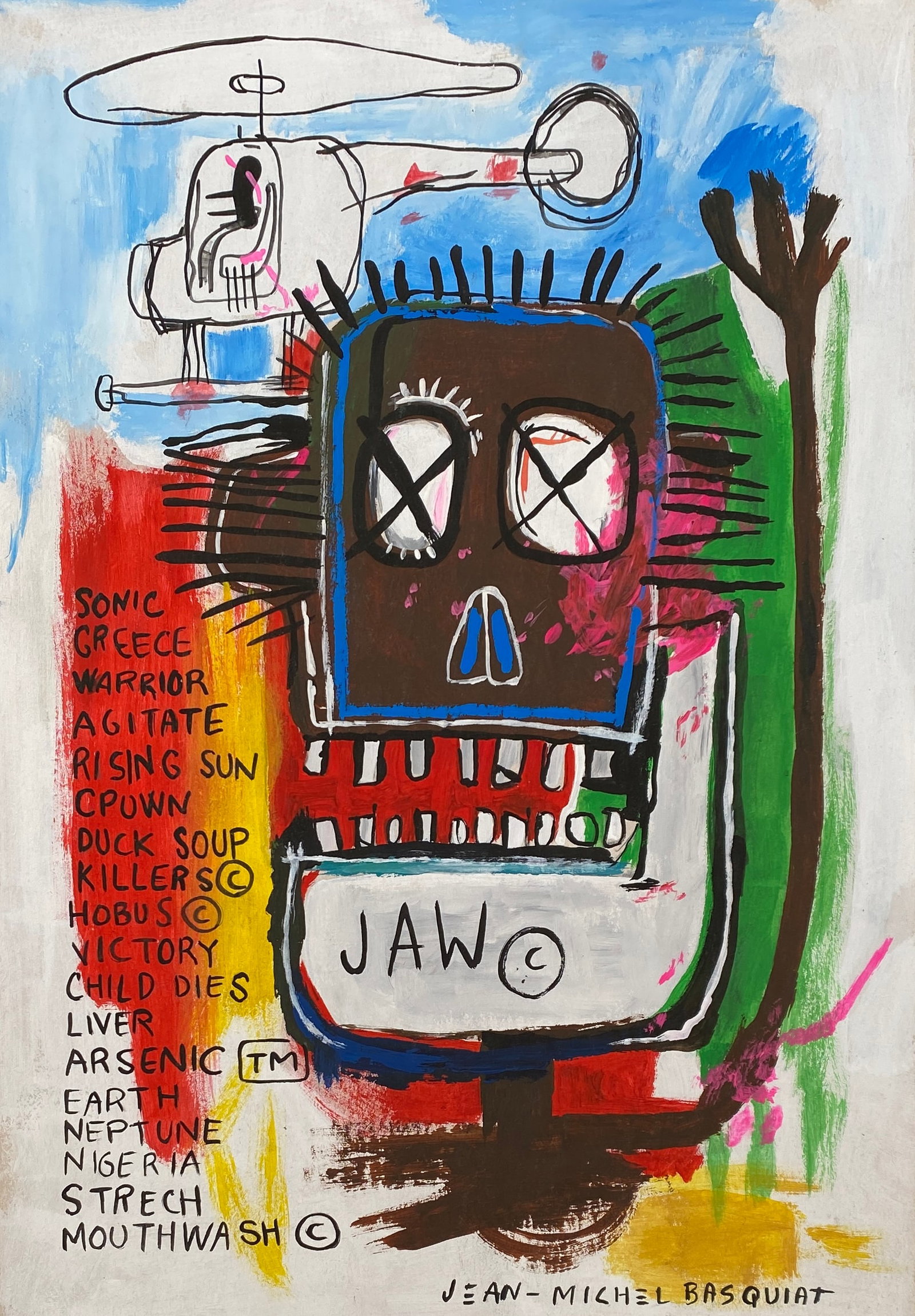 Jean Michel Basquiat American 1960 - 1988 Mixed Media on Paper Painting Haring Pop Art Style Of: This lot consists of a hand painted Mixed Media on paper in the style of the painter Jean-Michel Basquiat.Jean-Michel Basquiat, also known as SAMO, was an American artist of Haitian and Puerto Rican d